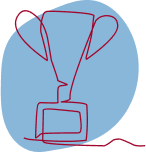 A red outline illustration of trophy. There is a blue shape in the background.