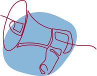 A red outline illustration of a megaphone. There is a blue shape in the background.