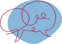 A red outline illustration of two speech bubbles. There is a blue shape in the background.