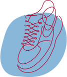 A red outline illustration of a sports trainer. There is a blue shape in the background.