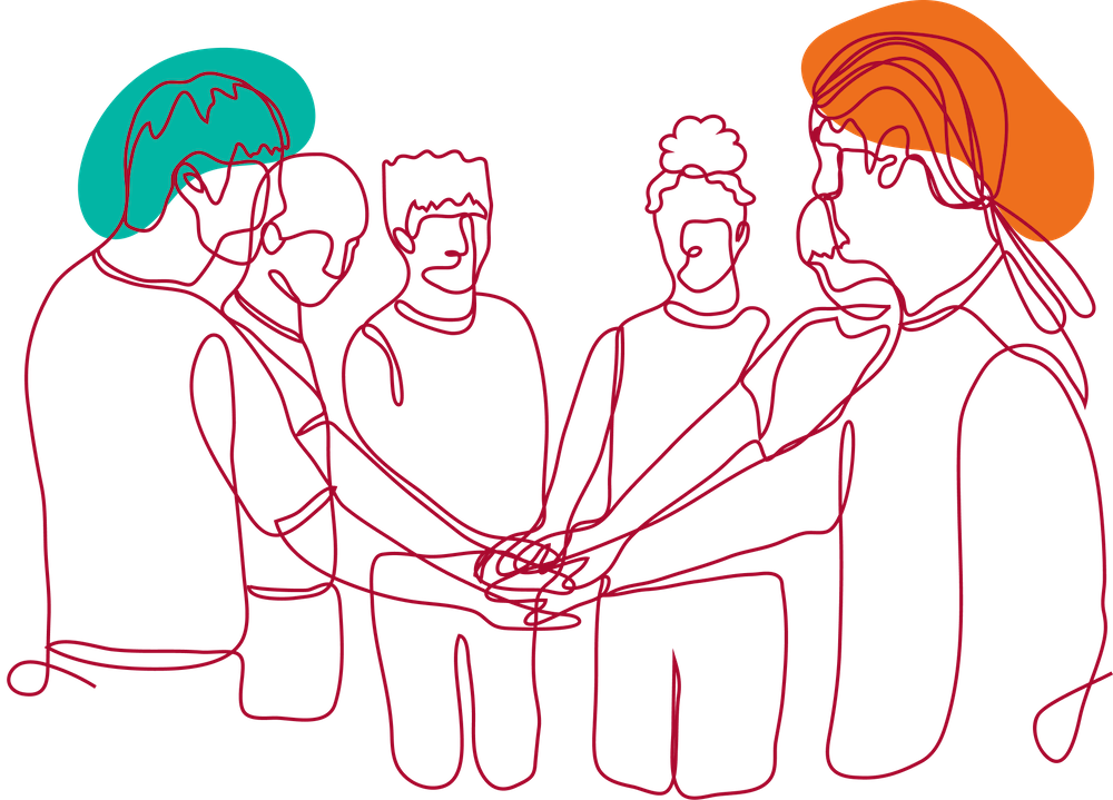 A line illustration in red of a group with their hands together. There is a green and orange shape over the top of two peoples heads to bring to life the topic of mental health.